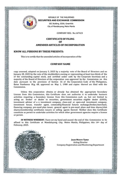 Philippines certificate of company incorporation Word and PDF template, version 2